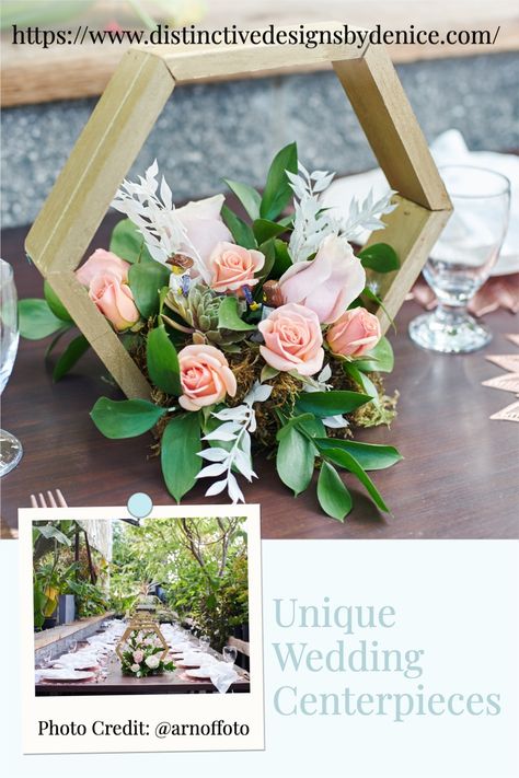 Hexagonal unique floral centerpieces for a gorgeous wedding. Photo Credit: @arnoffoto Hexagon Centerpiece Wedding Inspiration, Queen Bee Birthday, Wedding Guest Tables, Honeycomb Centerpiece, Unique Wedding Centerpieces, Wedding Guest Table, Hexagon Wedding, Diy Table Decor, Bee Birthday