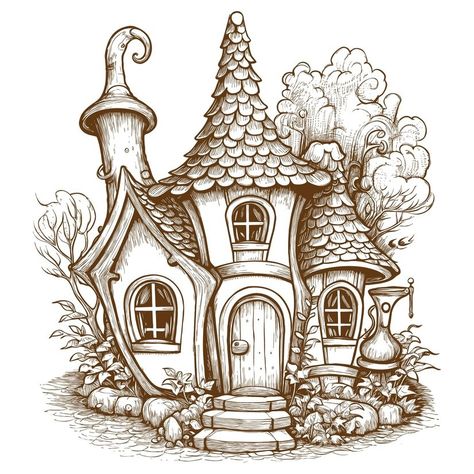 Free Vector | Cute fairy mushroom house outline sketch design Cottage Sketch, Fairy House Drawing, Fairy Mushroom House, House Outline, Fantasy Cottage, Fairy Mushroom, Gnome Pictures, House Sketch, Redwork Embroidery