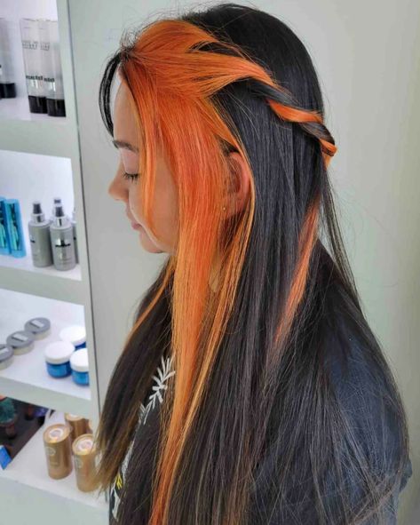 33+ Black and Orange Hair Color Ideas That Will Turn Heads 53 Black And Neon Orange Hair, Orange And Yellow Highlights, Black With Orange Highlights, Quarter Split Dye, Black Hair With Orange, Orange Money Piece Hair, Black Orange Hair, Black And Copper Hair, Ginger And Black Hair