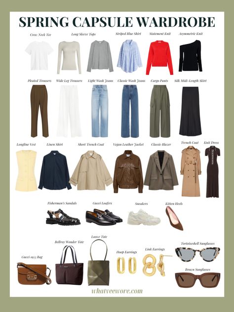 Spring Capsule Wardrobe 2024 Spring Capsule 2024, Spring Capsule Wardrobe 2024, Short Trench Coat, Gucci Loafers, Spring Capsule, Blue Striped Shirt, Spring Capsule Wardrobe, Vegan Leather Jacket, Lululemon Tops