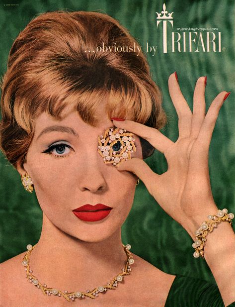 my vintage vogue — Trifari 1958 Snow Earrings, Jewelry Ad, 1960s Jewelry, Earring Pins, Magazine Advertisement, Trifari Jewelry, Jewelry Ads, Vintage Jewelry Box, Brooch Vintage