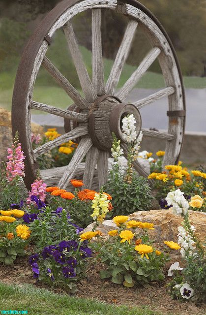 I love this. I have priced these wheels and they are expensive. However, they are still on my "keep a look out" list!!! Roda Gerobak, Old Wagons, Farmhouse Landscaping, Landscape Designs, Have Inspiration, Garden Yard Ideas, Beautiful Backyards, Wagon Wheel, Black Eyed Susan