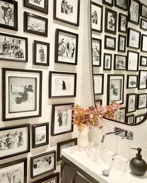 Black And White Artwork Bathroom, Black And White Photo Bathroom, Dark Bathroom Gallery Wall, Black And White Bathroom Art Farmhouse, Black And White Wall Art For Restroom, Buckhead Atlanta, Bathroom Gallery, Bathroom Photos, Powder Bath