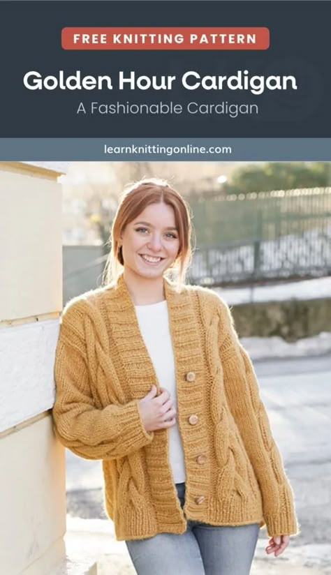 Make this fashionable Golden Hour Cardigan for your everyday style. It is a knitted cardigan that is perfect for layering in cooler weather. The golden hour color gives it a warm, sunny feel that is perfect for any casual or dressy occasion. | More free knitting patterns and tutorials at learnknittingonline.com Cable Knit Cardigan Pattern Free, Free Knitting Patterns Cardigan, Ladies Sweaters Patterns, Long Cardigan Knitting Pattern, Cable Cardigan Knitting Patterns, Learn Knitting, Chunky Knit Top, Easy Sweater Knitting Patterns, Long Cable Knit Cardigan