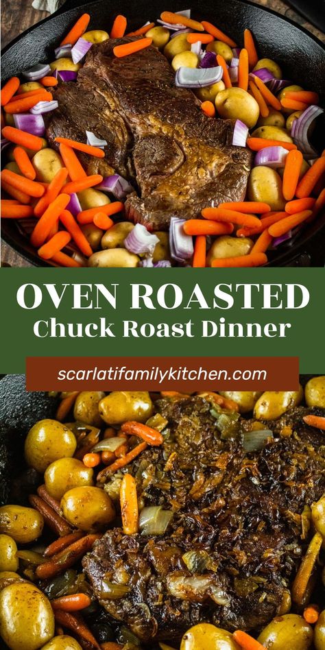 This simple roast dinner in a cast iron skillet is the best Sunday dinner. Juicy chuck roast is cooked low and slow with potatoes, carrots, and onions for an easy one-pot meal the whole family will enjoy. Chuck Roast Christmas Dinner, Beef Roast Potatoes And Carrots Oven, Roast Beef With Potatoes And Carrots, Cast Iron Chuck Roast, Chuck Roast Cast Iron Skillet, Roast And Potatoes In Oven, Chuck Roast With Potatoes And Carrots, Pot Roast In The Oven Roasting Pan, How To Cook A Roast In The Oven