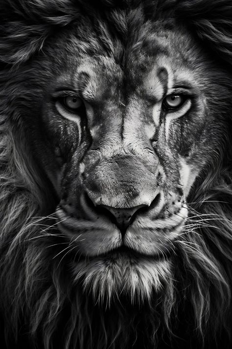 Art Reference Photos Faces Black And White, Lion Face Photography, Lion Stare, Serious Portrait, Lion Black And White, Lion Back Tattoo, Black Lions, Animals Reference, Lion Art Tattoo