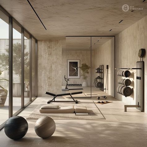 19+ Amazing Home Gym Ideas You Would Want To Have Meditation Gym Room, Meditation And Gym Room, Pilates Gym At Home, Yoga Gym Design, Japandi Home Gym, Amazing Home Gym, Home Gym With Plants, Yoga Studio Design Ideas Inspiration, Workout Room At Home