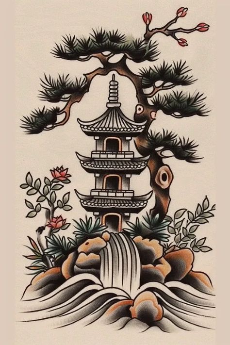 Tattoo idea: tattoo sketch A tranquil Japanese garden with a Wester 10 Bonsai Back Tattoo, Japanese Bonsai Tree Tattoo, Japanese Garden Tattoo, Japanese Maple Tree Tattoo, 5150 Tattoo, Japanese Sketch, Japanese Temple Tattoo, Bonsai Tattoo, Maple Tree Tattoos