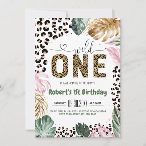 One Birthday Invitations, Wild One Safari Birthday, One Safari Birthday, First Birthday Invitation Cards, Jungle Birthday Invitations, Leopard Print Party, Wild One Birthday Invitations, 80th Birthday Invitations, Wild One Birthday