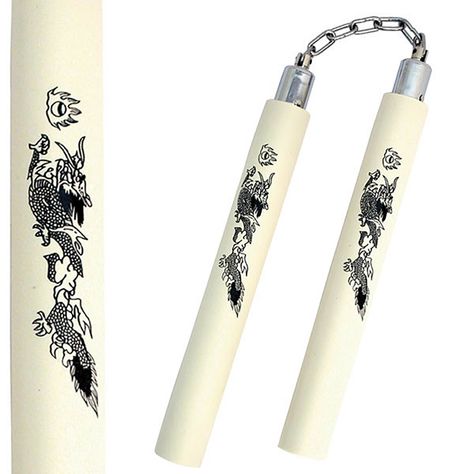 These 12" foam nunchucks with ball bearing chain are sturdy nunchakus to have. Featuring two blue foam padded handles with dragon graphic, these foam nunchucks are perfect for martial arts training and fighting. Overall Length: 12" Handle Material: Foam Padded Handle Handle Finish: Dragon Graphic Color: White Accessories: Ball Bearing Chain Weight: 6 oz Martial Arts Training Equipment, Dragon Graphic, Nunchucks, Martial Arts Training, White Accessories, White Dragon, Soul Eater, Dragon Design, Fixed Blade Knife