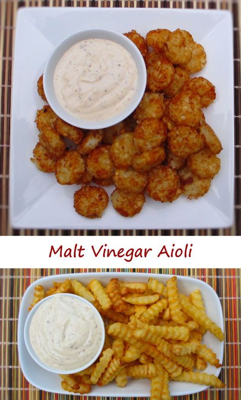 This malt vinegar aioli is absolutely yummy. I made a batch and served it as a dipping sauce for tater tots and fries. What a great change from ketchup! That wonderful malt vinegar flavor, tamed just enough by the tarragon and garlic. All in a great creamy sauce. Malt Vinegar Aioli, Sauce For Tater Tots, Tater Tot Dipping Sauce, Malt Vinegar, Aioli Sauce, Aioli Recipe, Dipping Sauces, Marinade Sauce, Tater Tots