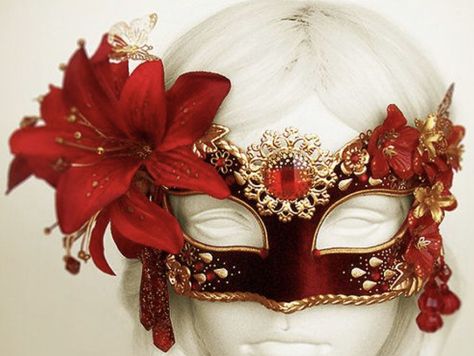 Red And Gold Mask Masquerade, Red And White Masquerade Mask, Red And Gold Masquerade Dress, Types Of Masks Masquerade, Rose Themed Outfit, Dark Red Masquerade Mask, Red Mask Aesthetic, Red Masquerade Outfit, Topeng Aesthetic