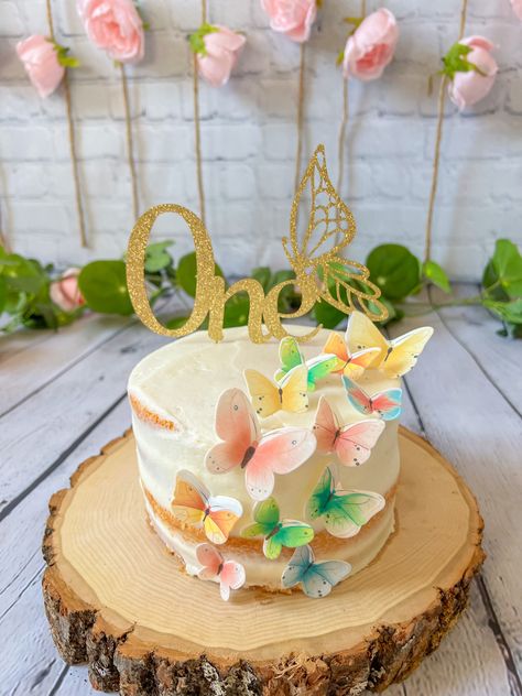 One Year Fluttered By, One Tier Butterfly Cake, Diy Fairy Birthday Cake, Fairy Birthday Smash Cake, Fairy Garden Cake Smash, One Year Fluttered By Birthday, Butterfly Smash Cake First Birthdays, One Year Old Fairy Birthday Party, Fairy Smash Cake Ideas