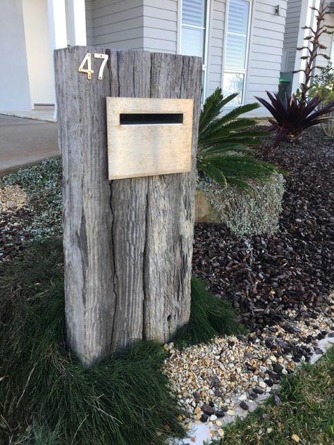 Coastal Letter Boxes, Coastal Letterbox Ideas, Railway Sleeper Mailbox Ideas, Timber Letterbox Ideas, Cottage Mailbox Ideas, Wooden Mailbox Ideas Diy, Rustic Mailbox Ideas, Letterbox Ideas Australia, Diy Letterbox