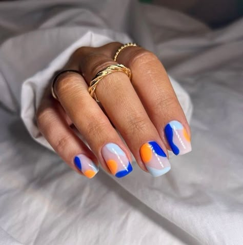 Cute Blue Nail Designs, Blue And Orange Nails Designs, Royal Blue And Orange, Orange Nail Art, Trendy Manicure, Sheer Nails, Royal Blue Nails, Orange Nail Designs, Orange Nail