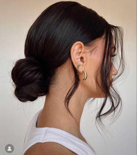 Bridal Hair Casual, Low Bun Front Pieces Out, Low Slick Bun Wedding, Low Bun With Strands Out, Low Bun Asian Hair, Middle Part Low Bun Bridal Hair, Lower Bun Wedding Hair, Low Bun Off The Shoulder Dress, Wedding Bun Brunette