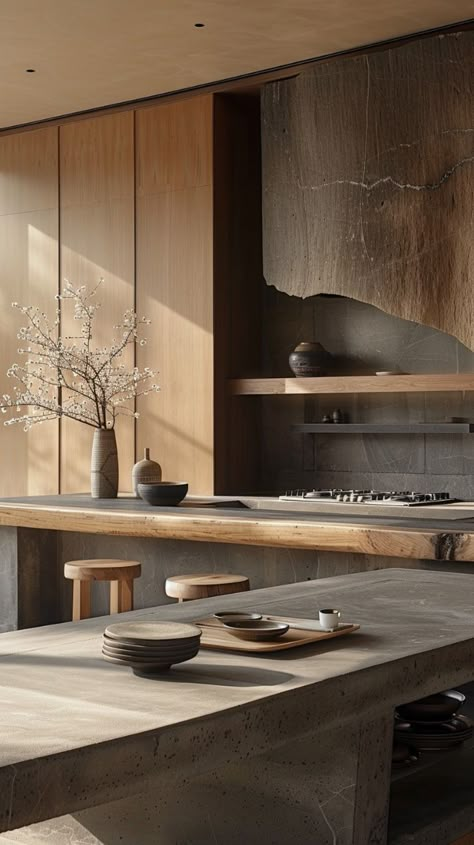 Modern Kitchen Concrete Countertops, Raw Materials Interior, Wabi Sabi Kitchen Cabinets, Wabi Sabi Tv Wall, Wabi Sabi Kitchen Design, Wabi Sabi Kitchen Inspiration, Wabi Sabi Shelves, Wabi Sabi Interior Kitchen, Antique And Modern Mix Decor