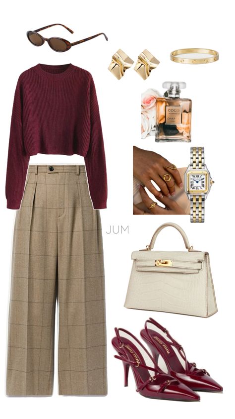 Styling burgundy like a queen. Miu Miu shoes. Cartier bracelet and watch. Hermes bag. Channel perfume. Maroon Top Outfit Work, Red And Maroon Outfit, Burgundy And Beige Outfit, Ladies Lunch Outfit, Burgundy Aesthetic Outfit, Maroon Top Outfit, Maroon Outfit Ideas, Burgundy Fall Outfits, Outfit Bordeaux