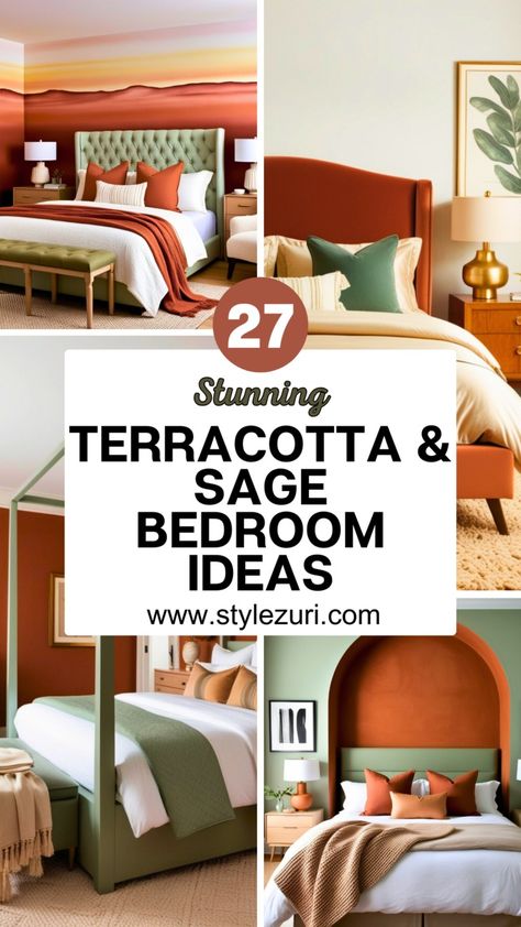 27 Beautiful Terracotta and Sage Green Bedroom Ideas for a Cozy and Elegant Space - Style Zuri Sage Green And Rust Bedding, Burnt Orange And Green Bedding, Sage Orange Bedroom, Orange And Sage Bedroom, Orange And Green Bedding, Sage Green And Orange Bedroom, Sage And Terracotta Bedroom, Burnt Orange And Green Bedroom, Sage And Rust Bedroom