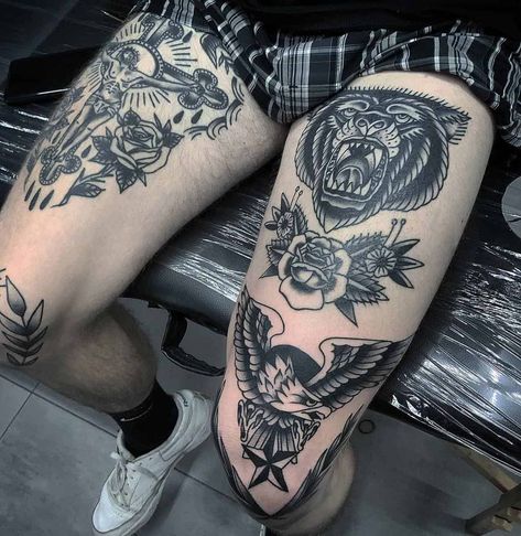 Black Bear Tattoo Ideas, Traditional Tattoo Leg Sleeve, Traditional Thigh Tattoo, Traditional Bear Tattoo, Bear Tattoo Ideas, Black Bear Tattoo, Traditional Tattoo Man, Thigh Tattoo Men, Tato Tradisional