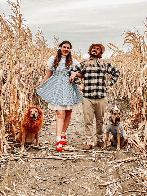 Dorothy And Lion Couple Costume, Wizard Of Oz Family Costume With Dog, Couple Halloween Costumes With 2 Dogs, Wizard Of Oz Dog Costume, Couple And Two Dogs Halloween Costume, Couple And 2 Dogs Costume, Wizard Of Oz Couples Costume, Couples And Dog Costumes, Family And Dog Halloween Costumes