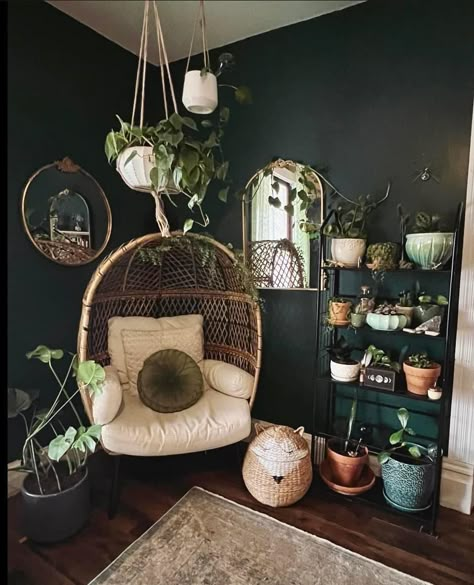 Small Dressing Room Decor Ideas, Pistachio Home Decor, Black Office With Plants, Moody Boho Home Decor, Dark Academia Boho Living Room, Witchy Library Aesthetic, Plant Bedroom Aesthetic Dark, Black Bohemian Bedroom, Tammy Core