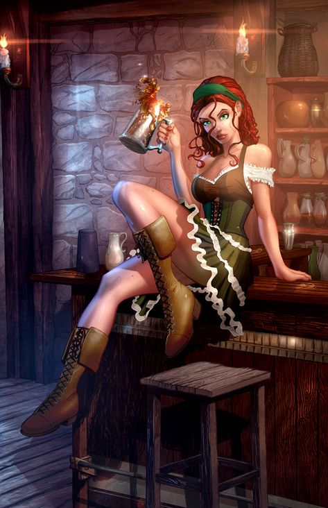 Barmaid 01 Color final by cehnot.deviantart.com on @DeviantArt Bar Maid, Redhead Art, Conceptual Artwork, Steampunk Pirate, Pirate Woman, Fantasy Comics, Pin Up Art, Drawing Artwork, Dnd Characters