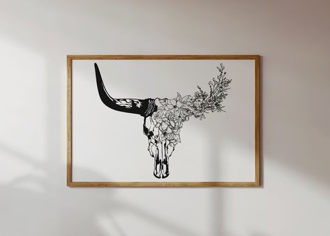 Bull Skull With Flowers, Bali Tattoo, Longhorn Bull, Skull With Flowers, Desert House, Longhorn Skull, Flowers Poster, Western Wall Art, Southwestern Art