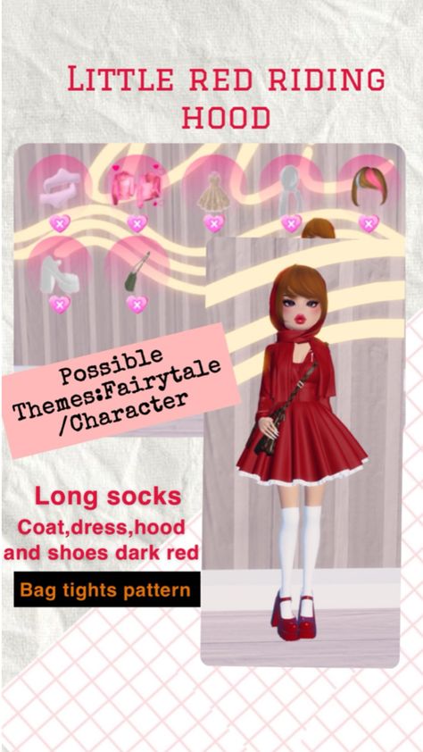 Dress to impress outfit idea Little Red riding hood! Fairy Tale Characters, Patterned Tights, Fairytale Dress, Long Socks, Little Red Riding Hood, Red Outfit, Red Riding Hood, Outfit Idea, Cute Drawings