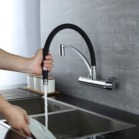 HOMELODY Kitchen Tap Wall Mounted Black, 180° Rotatable Food Grade Silicone Wall Kitchen Tap Flexible Extendible Sink Tap for Kitchen Brass (Total Height 342 mm) : Amazon.de: DIY & Tools Restroom Accessories, Modern Kitchen Faucet, Kitchen Appliances Design, Bathroom Mirror Frame, Wall Mounted Taps, Wall Taps, Metal Bathroom, Wall Mount Sink, Kitchen Sink Taps