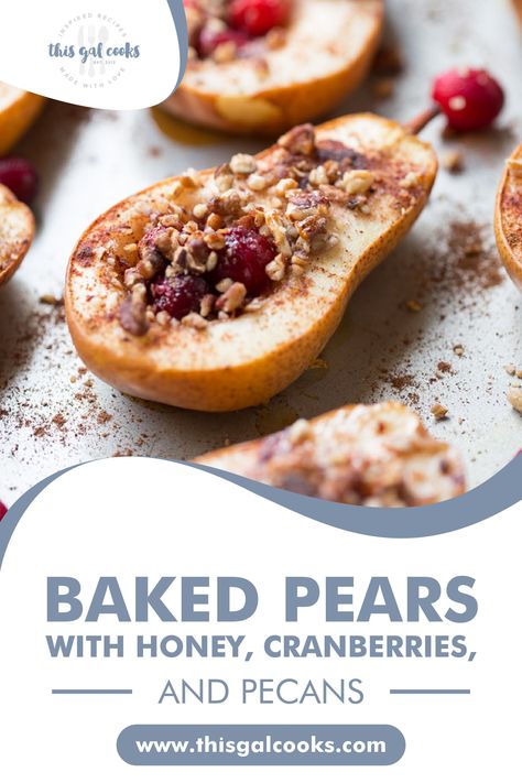 These delicious Baked Pears with Honey, Cranberries and Pecans are the perfect addition to your Thanksgiving and Holiday menu plan. They’re the type of holiday dessert that you can stuff your face with guilt-free. They’re slightly sweet, spicy and come with a little crunch, thanks to the pecans. Save or click through for the full recipe. Honey Baked Pears, Baked Pears With Feta Honey Cranberries, Christmas Pear Dessert, Baked Pear Recipes, Baked Pears Recipe Desserts, Pear Dessert Recipes, Cranberry Baking, Fall Crockpot Recipes, Pear Dessert