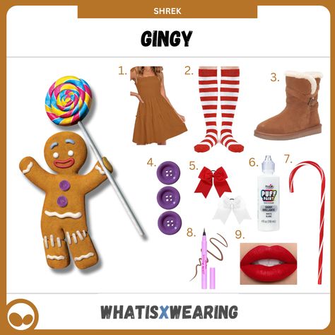 Dress like Gingy the Gingerbread Man from Shrek with our step-by-step costume guide for women! Ginger Bread Man Costume Women, Gingy Shrek Costume Diy Women, Gingerbread Man Costume Women, Gingerbread Costume Shrek, Gingerbread Man Costume Shrek, Gingy Costume Shrek, Gingerbread Man Shrek Costume, Shrek Costumes Women, Shrek Gingerbread Man Costume