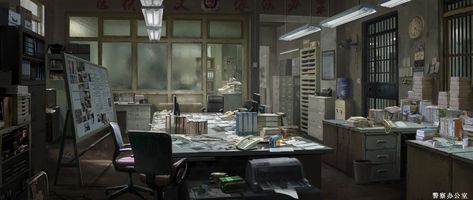 ArtStation - The police station, Jun P W Police Department Office, Detective Aesthetic, Paintings Abstract, Pencil Sketches, Office Set, Police Station, Wall Background, Office Room, Environment Design