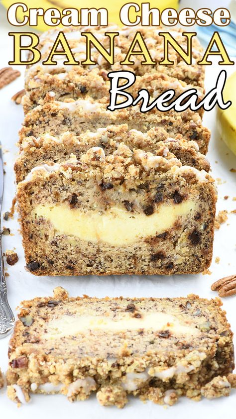 Banana Nut Cheesecake Bread, Loaded Banana Bread, Banana Cream Cheese Bread Recipe, Banana Cream Cheese Crumb Cake, Cream Cheese Stuffed Banana Bread, Banana Cream Cheese Coffee Cake, Banana Bread Recipe Cream Cheese Filling, Canned Banana Bread, Fall Banana Recipes