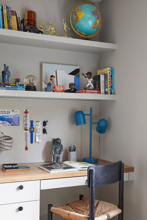 Boys Desk Area, Teen Boy Room Ideas, Small Space Design Ideas, Small Boys Bedrooms, Kids Room Desk, Boys Desk, Nickey Kehoe, Boys Bedroom Makeover, Boy Rooms