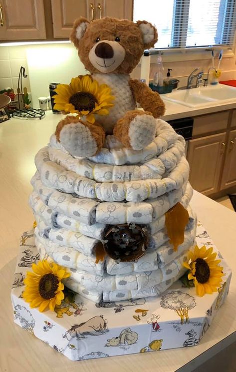 Bee Diaper Cake, Bee Theme Gender Reveal Centerpieces, Bee Hive Gender Reveal Pinata Diy, Bee Hive Gender Reveal Pinata, Bee Hive Diaper Cake, Small Diaper Cakes, Bees And Sunflowers Baby Shower Theme, Nappy Cake, Baby Shower Cakes Girl