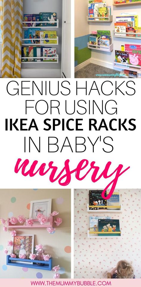 Genius hacks for using IKEA spice racks in baby's nursery. Tips for adding an inexpensive but very flexible piece of storage to your baby's nursery #nurseryinspo #nursery #baby Spice Rack Hack, Nursery Tips, Ikea Nursery Hack, Nursery Hacks, Ikea Bekvam, Ikea Spice Rack, Ikea Desk Hack, Desk Hacks, Ikea Nursery