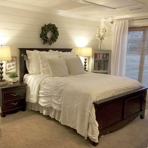 Shiplap Guest Bedroom Shiplap Bedroom Wall, Shiplap Bedroom, Shiplap Wall, House Bedroom, White Sheets, Farmhouse Bedroom Decor, Country Bedroom, Farmhouse Bedroom, Remodel Bedroom