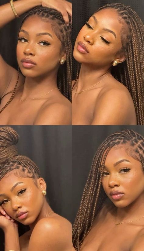 Braids 2025 For Black Women, Color 4 And 30 Knotless Braids, Braids For Winter Black Hair, Knotless Braids No Curls, Side Part Box Braids Hairstyles, 4 And 30 Knotless Braids, Small Parting Chart For Braids, Braid Mixed Colors, Black Women Vacation Hairstyles