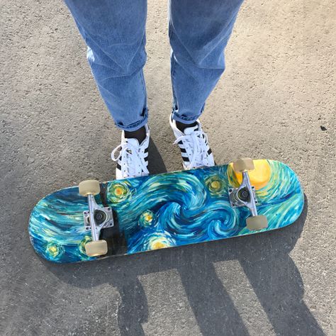 #art #ideas #create #artist #vangogh #skateboard Painting Ideas On Skateboard, Paint Skateboard Ideas, Skateboard Paint Ideas, Bottom Of Skateboard Painting Ideas, Skateboard Custom Paint, Skatbord Design, Skateboard Art Ideas, Painted Skateboard Ideas, Customized Skateboards