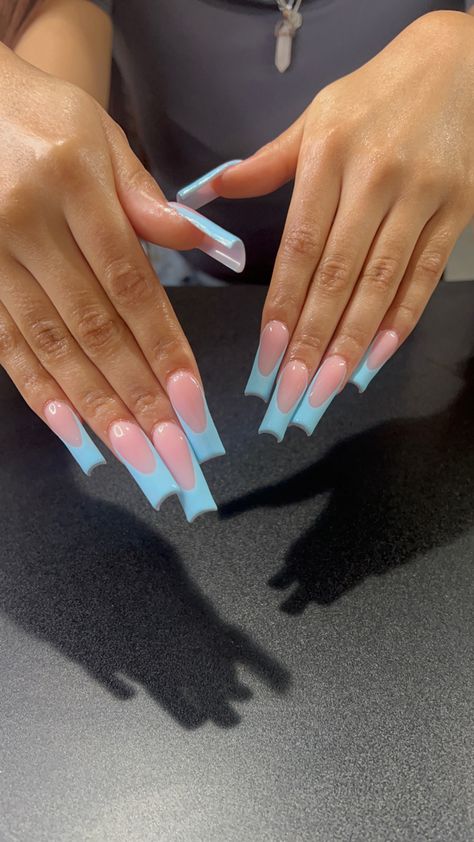 Long French Tip Nails Color, Color On Color French Tip, Long French Tip Nails, Neon Acrylic Nails, Nail Blue, Ombre Acrylic Nails, Colored Acrylic Nails, Girly Acrylic Nails, Simple Acrylic Nails