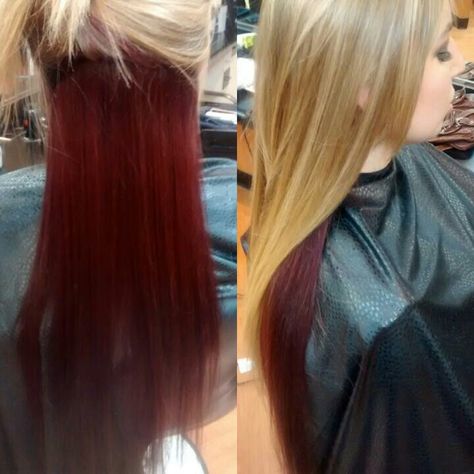 Put Matrix colour sync half 6RV+ and half 4RV+ with 20vol in the bottom half of my friends hair! Half Top Half Bottom Hair Color, Hair Dye Bottom Half, Bottom Half Red Hair, Half Red Half Blonde Hair Underneath, Bottom Half Of Hair Dyed, Half Blonde Half Red Hair, Half Red Half Blonde Hair, Bottom Half Dyed Hair, Dyed Hair Bangs