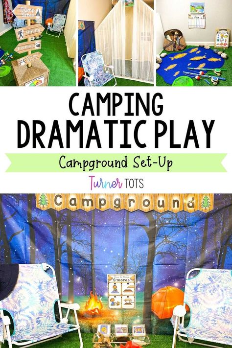 A camping dramatic play set up is essential for your preschool camping theme! Every detail is included in this campground set-up for your preschool classroom: folding chairs, a pretend campfire, a fishing pond, and campground signs will transform your classroom into a campground in no time! This preschool-friendly campground will let your students’ imaginations come to life… just listen to the conversations had around the campfire! Camping Dramatic Play, Camping Preschool, Camping Theme Preschool, Dramatic Play Themes, Camping Classroom, Purposeful Play, Camping Theme Classroom, Dramatic Play Preschool, Dramatic Play Area