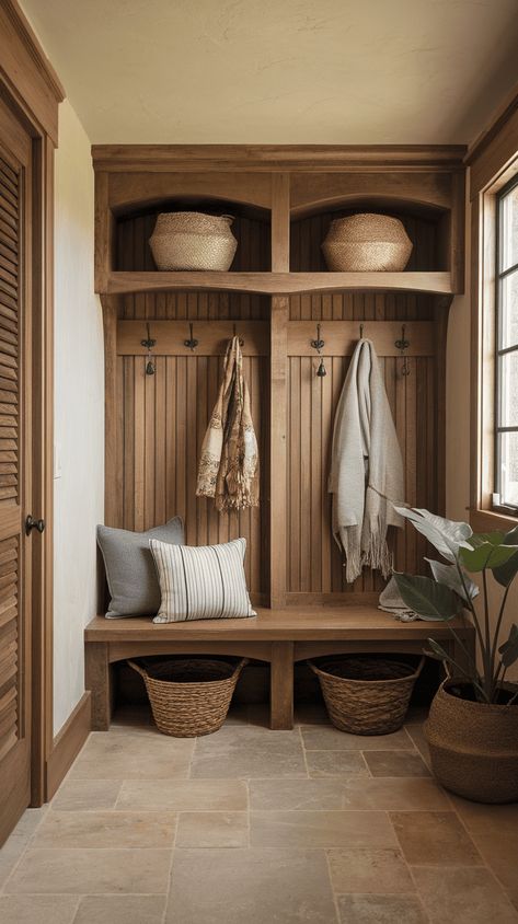 21+ Enchanting Spanish Style Mudroom Inspirations Solid Wood Hall Tree, Light Wood Mudroom, Rustic Farmhouse Mudroom, Hall Closet To Mudroom Convert, Mud Room Entry Farmhouse, Spanish Mudroom, Built In Coat Rack Entryway, Mudroom With Window, Built In Entryway Bench