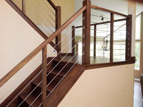 Indoor stair design Railing Redo, Indoor Railings, Cable Stair Railing, Stairway Railing, Stair Railing Ideas, Loft Railing, Indoor Railing, Black Willow, Interior Stair Railing