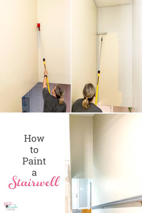 This is a great DIY tutorial on how to paint a stairwell without a ladder or scaffolding. I can use these ideas for our tall walls, stairways and high walls.  #RealCoake #DIY #Paint #Stairways #Stairs How To Paint Tall Walls High Ceilings, Painting High Walls On Stairs, Paint Stairwell, How To Paint Stairwell, Townhome Renovation, Basement Entry, Stairwell Wall, Painting Tricks, Townhouse Ideas