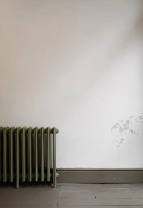 Painted Radiator Same As Wall, Farrow And Hall Studio Green, Farlov Sofa Olive Green, Green Radiator, Atelier Ellis, Atelier Ellis Paint, What Colors Mean, Painted Radiator, Bath Store