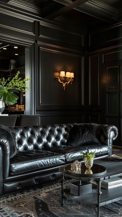 Dark Gothic Living Room, Black Walls And Ceiling, All Black Interior Design, Speakeasy Design, Goth Living Room, Modern Mansions, Gothic Living Room, Dark Deco, Black Interiors