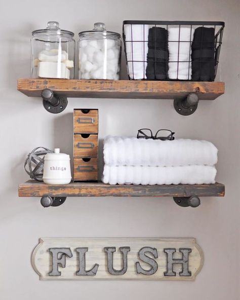 Industrial Farmhouse Bathroom, Industrial Floating Shelves, Industrial Pipe Shelves, Country Bathroom, Pipe Shelves, Industrial Shelving, Decor Baie, Apartment Bathroom, Farmhouse Bathroom Decor