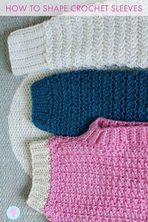 Do you struggle with the shaping of crochet sleeves? This post will teach you how to go about customising the shaping of crochet sleeves so you can crochet garments to suit your preferences. It talks about common sleeve shapes and how to achieve them and how to work out how many decreases or increases you add. Click to read more How To Add Sleeves To A Crochet Top, How To Crochet Sleeve Cuffs, Adding Cuffs To Sleeves Crochet, Crochet Sleeve Cuff Pattern, How To Crochet Sleeves Tutorials, How To Make Crochet Sleeves, How To Crochet Sleeves On A Sweater, How To Crochet A Sleeve, Adding Crochet Sleeves To Shirt